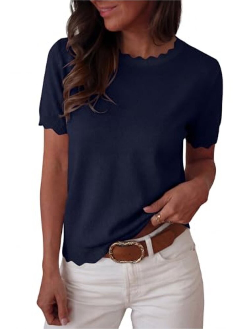 Wool Blend Short Sleeve Sweater Pullover Scalloped Loose Business Casual
